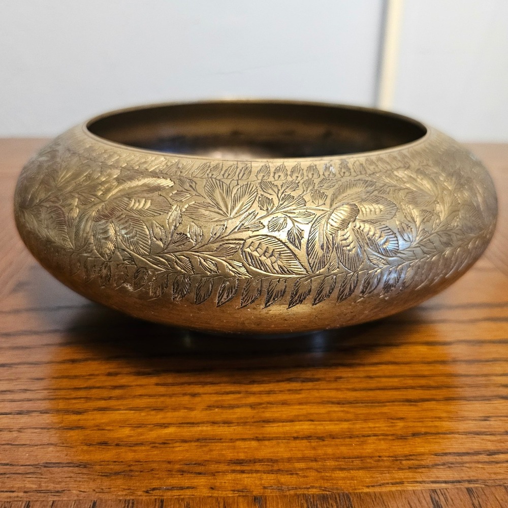 Vintage Hand Etched Brass Floral Bowl India S-N 72-J Heavy Decorative Dish 8.5in